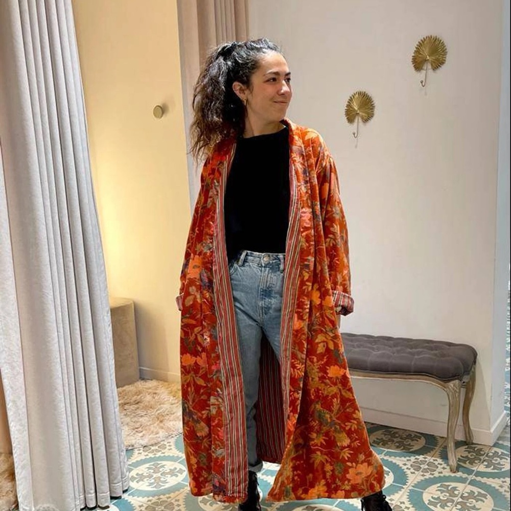 Burnt Orange Velvet Robe with Paisley Pattern